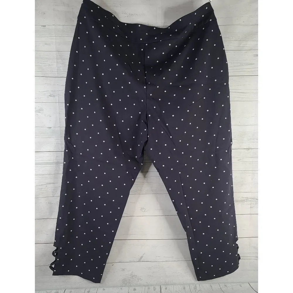 Joe B 3X Pull On Capri Pants Blue Cream Polka Dot Criss Cross Open Ankle Stretch - Picture 2 of 9
